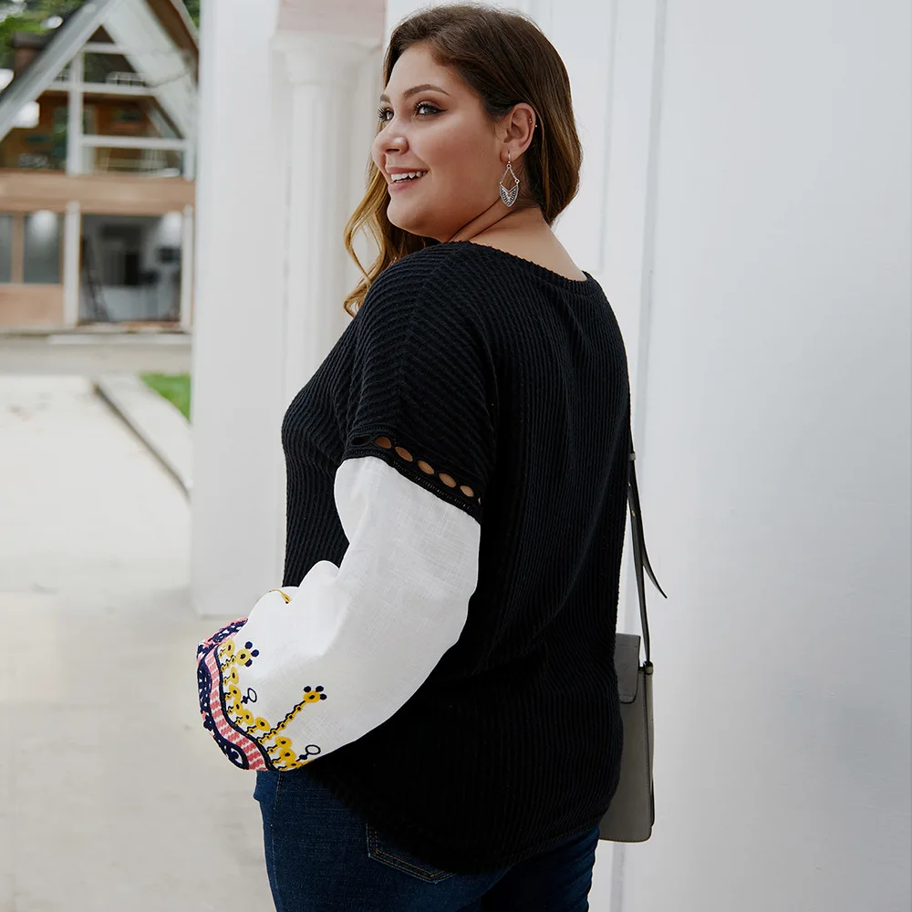 

Women Embroidery Sleeve Patchwork Knitted O Neck T-shirts Tops Plus Size Folk Style Long Sleeves Autumn Winter Keep Warm Tops