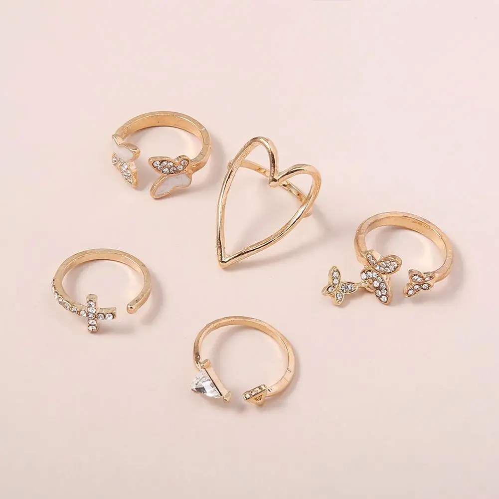 

5pcs/set Love Heart Hollow Full Rhinestone Drop Oil Butterfly Rings For Women Joint Ring Female Jewelry