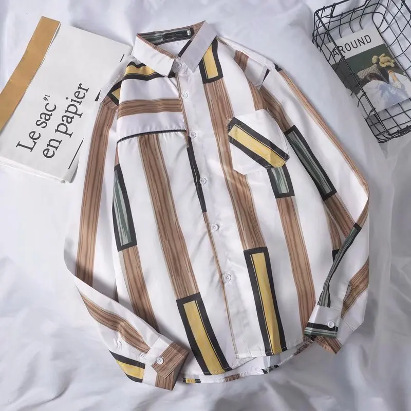 Рубашка мужская приталенная на пуговицах деловая Повседневная модная уличная