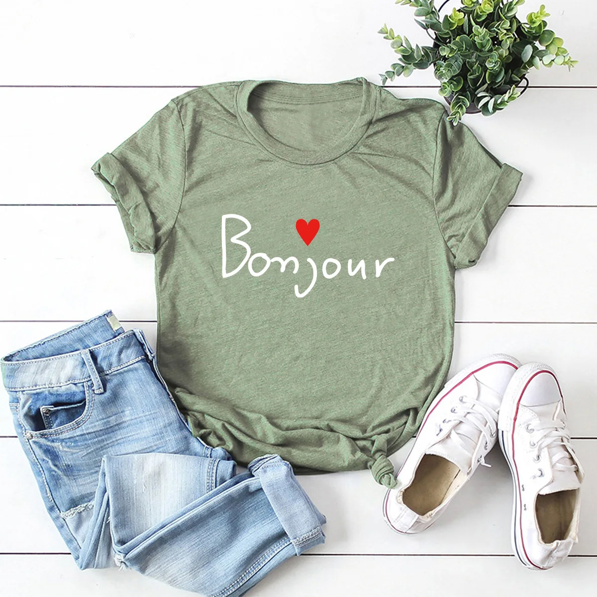 

JFUNCY Plus Size Women T Shirt New Bonjour Print Summer Tees Woman Tops Short Sleeve Casual T-shirts 100% Cotton Female Tshirt