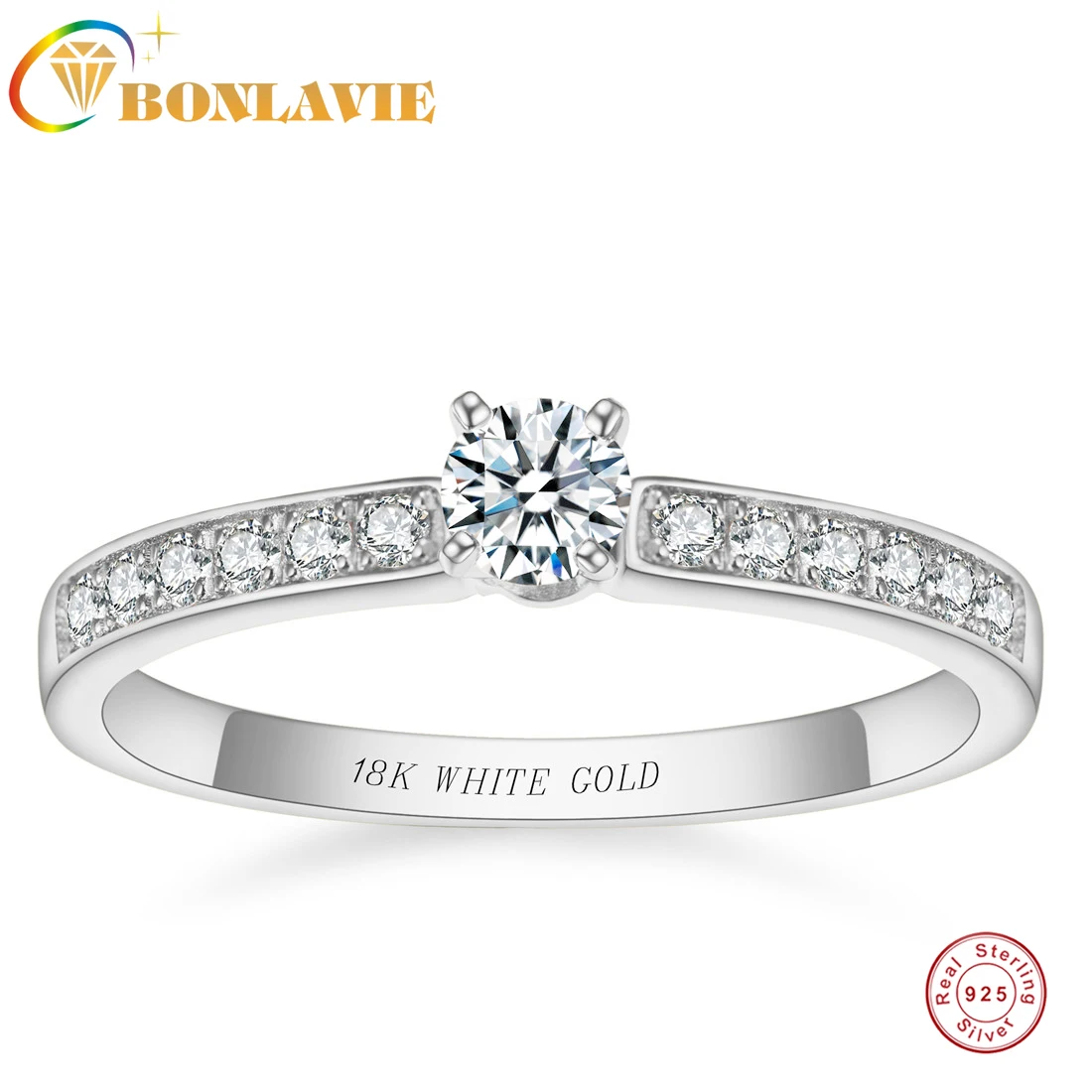

BONLAVIE 4-claw Inlaid 1 Ct Round Main Stone Ring Arm Inlaid with Round Zircon 925 Silver Ring for Wedding and Engagement