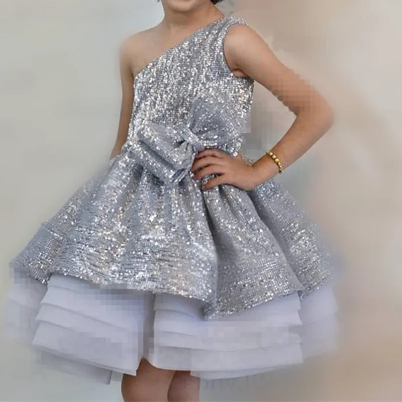 

Silver Sequined Chiffon Flower Girl Dress Teen Girls Wedding Party Gowns Vestido de festa Girls Princess Summer Wears