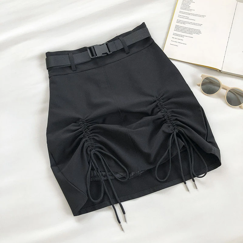 

Summer women's A-line skirt over the knee A-line skirt high waist mini skirt drawstring belt