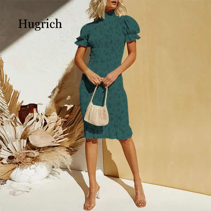 

Women Boho Floral Print Folds Dress Bodycon Pleated Puff Sleeve Slim Female Midi Dresses Summer Lady Beach Dress Vestidos