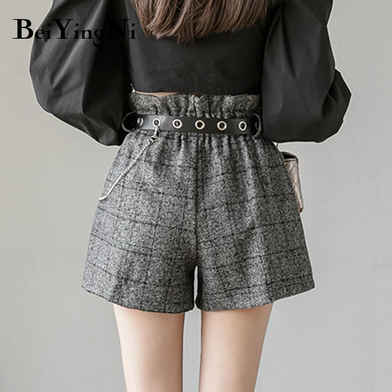 

Beiyingni Woolen Shorts Womens Autumn Winter New Fashion Loose Wide Leg Pants Pockests Vintage OL High Waist A-line Short Pants