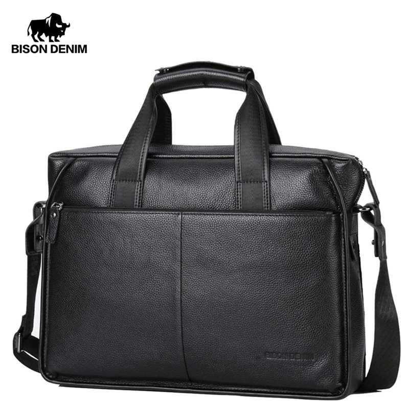 Bison Denim Cowskin Genuine Leather Men's Briefcase Large Capacity Laptop Soft Messenger Bag 14 inch laptop Bag Handbag