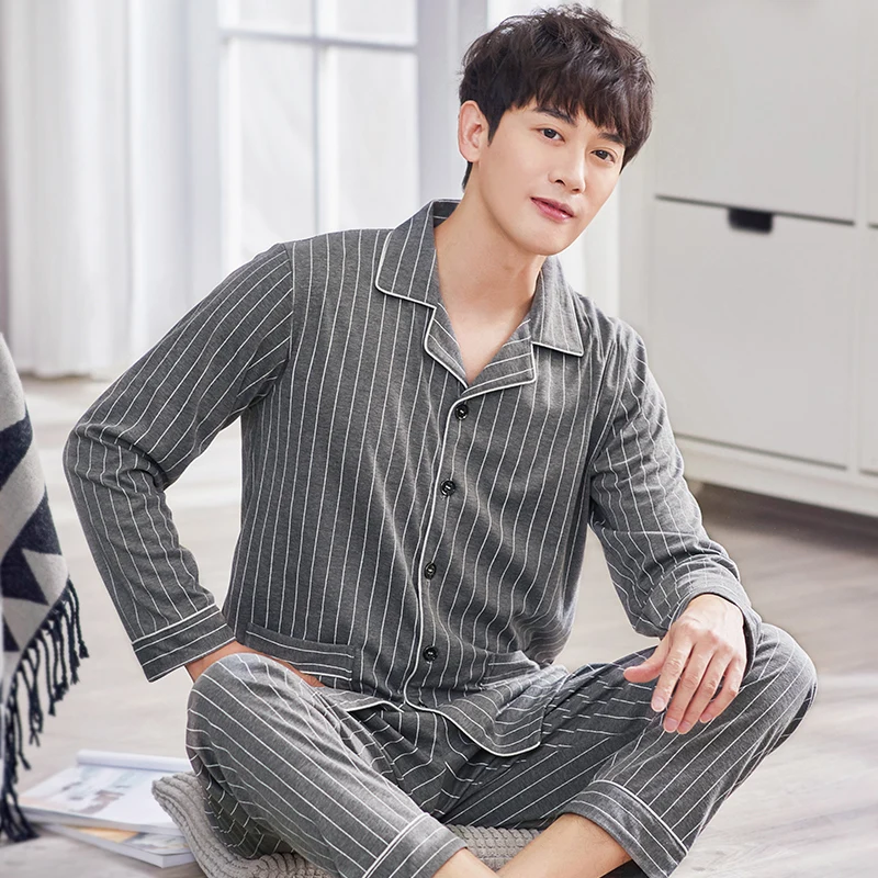 Пижама из 100% хлопка для мужчин 2 шт. одежда сна синяя Весенняя пижама в клетку