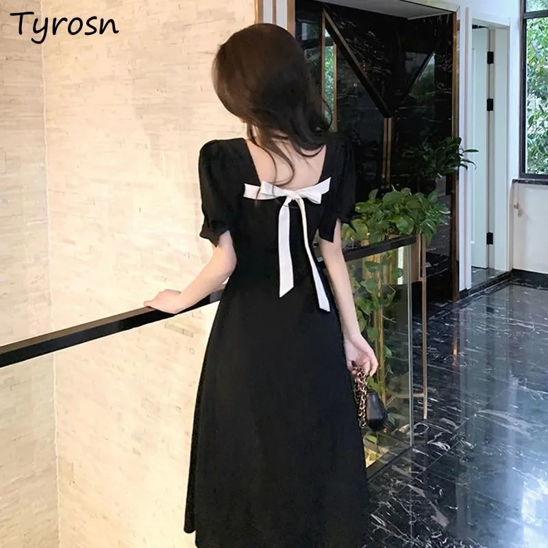 

Short Sleeve Dress Women Bow Design All-match Midi Fashion Temperament Korean Style Party Black Patchwork Summer Casual A-line