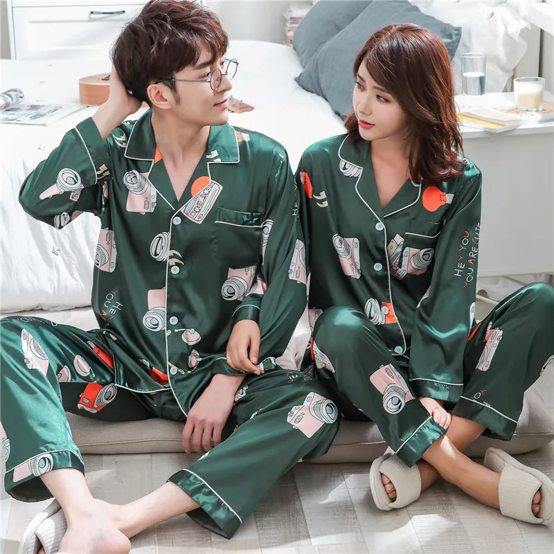 

Couples Women Men Autumn Male Long Sleeve Pajamas Sets Silk Satin Sleepwear Casual Lounge Wear Lovers' Clothes Unisex Look