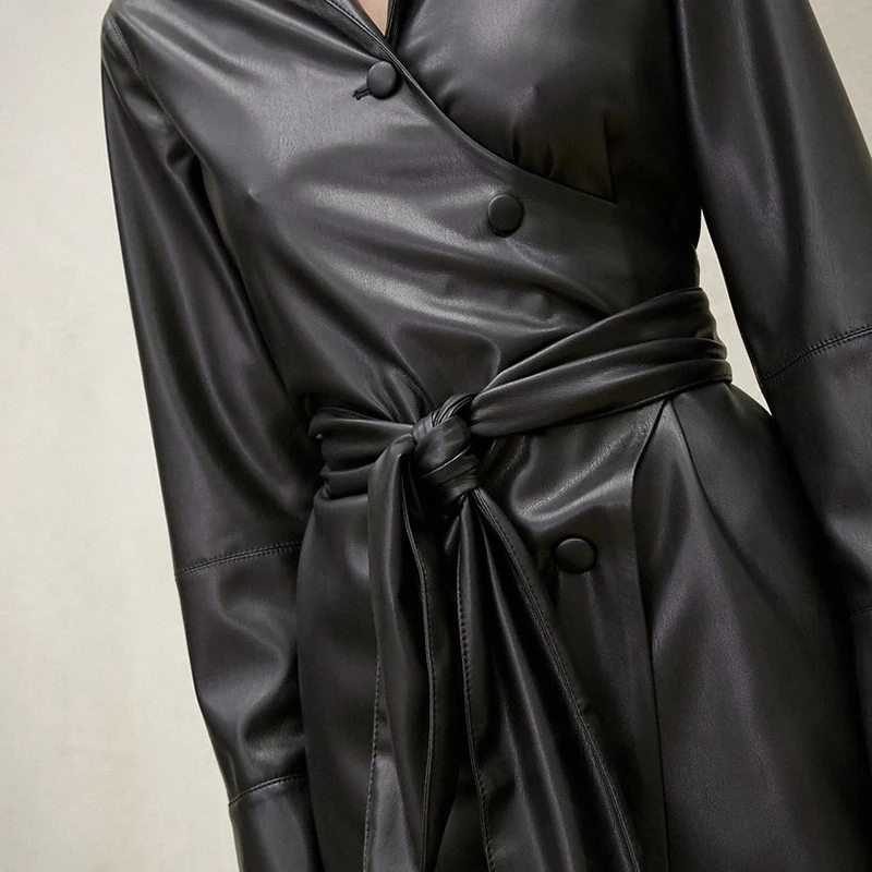 TWOTWINSTYLE кружевное платье из искусственной кожи для женщин воротник с лацканами с длинными рукавами и высокой талией платья женские осенние модные OL новые