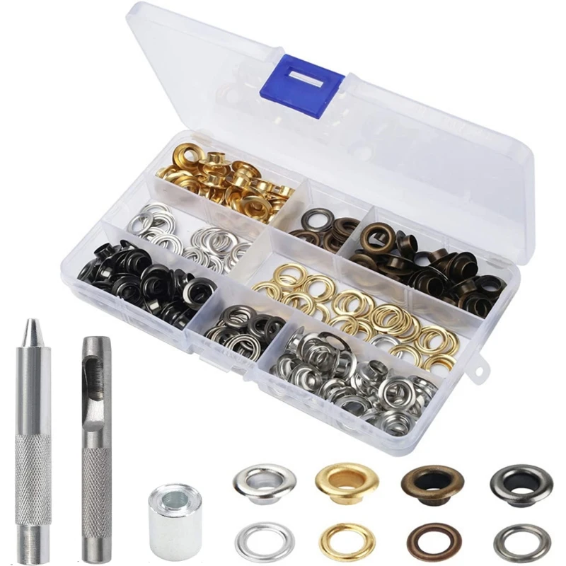 

100 Sets Punch Eyelets Set 4 Colours 8 mm Grommet Tool Kit Copper with Box Tarpaulin Eyelet Tool Hole Punch and Punch for E56C