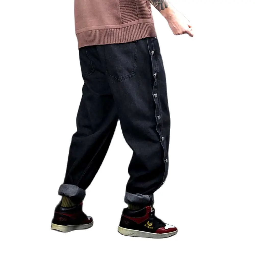 New Fashion Side Button Jeans Men Casual Denim Pants Straight Loose Baggy Trousers Streetwear Hiphop Harem Jeans Male Clothing