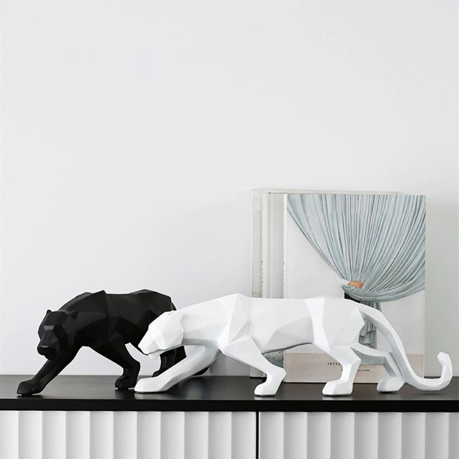 

25cm Modern Abstract Panther Sculpture Geometric Resin Leopard Statue Home Decor