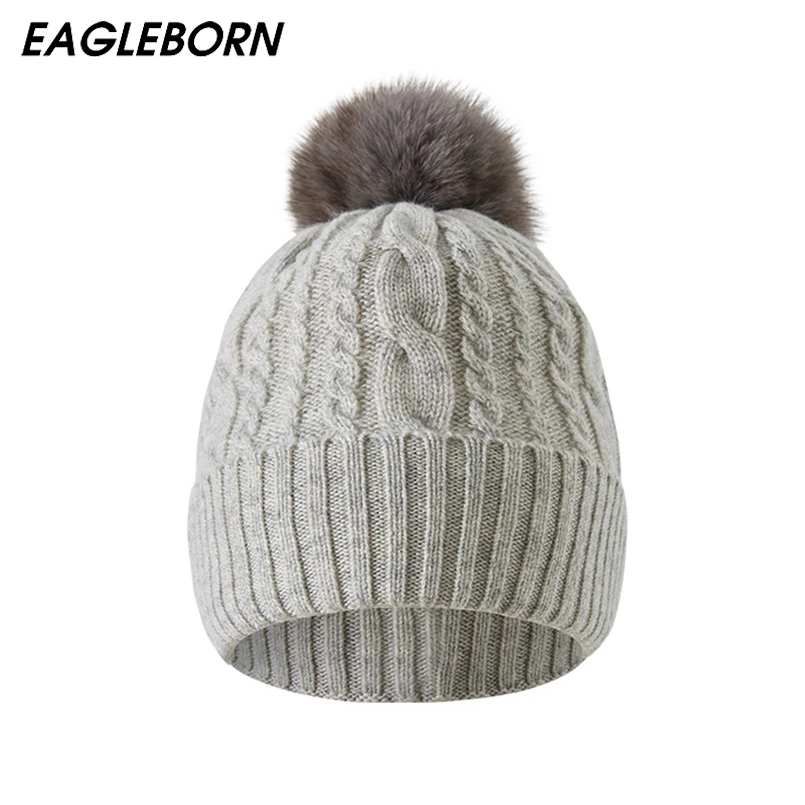 

2022 New Luxury Knitted Hat Women Cashmere Hat Solid Twist Beanies Winter Wool Warm Fox Hair Ball Hat Beanies Bonnets for Women