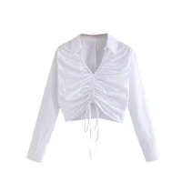 2021 spring women casual white blouses mujer long sleeve navel exposed top slim lady drawstring deep v neck short shirt femme