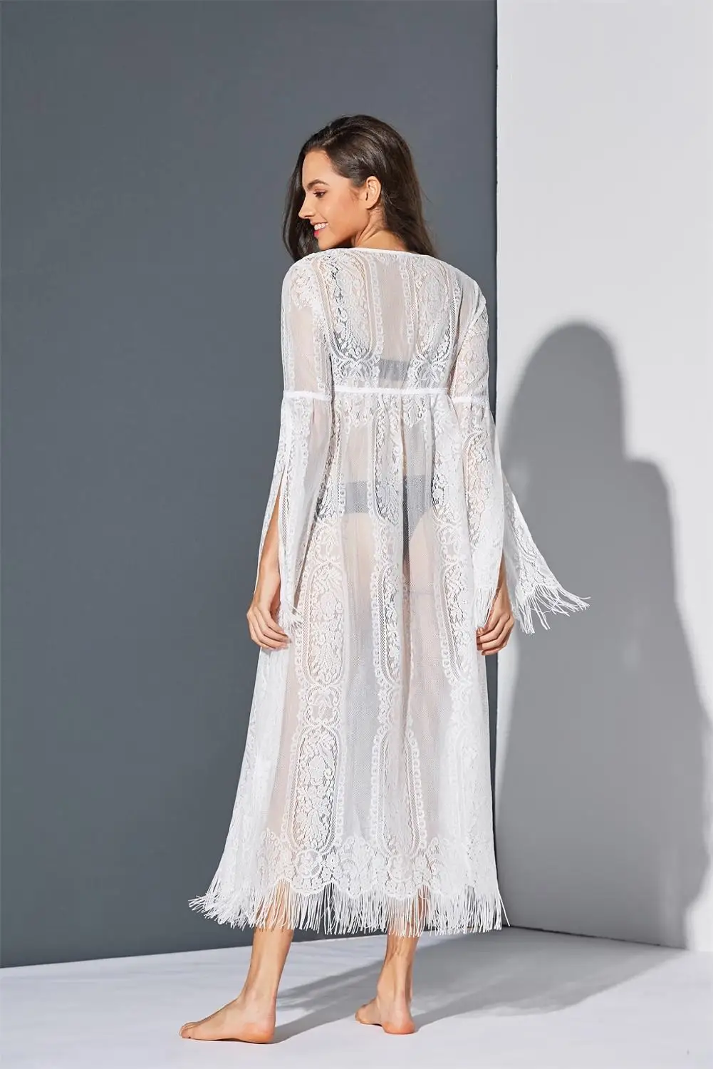 

free shipping 2020 joocar lace split long sleeve belt beach smock JC1065