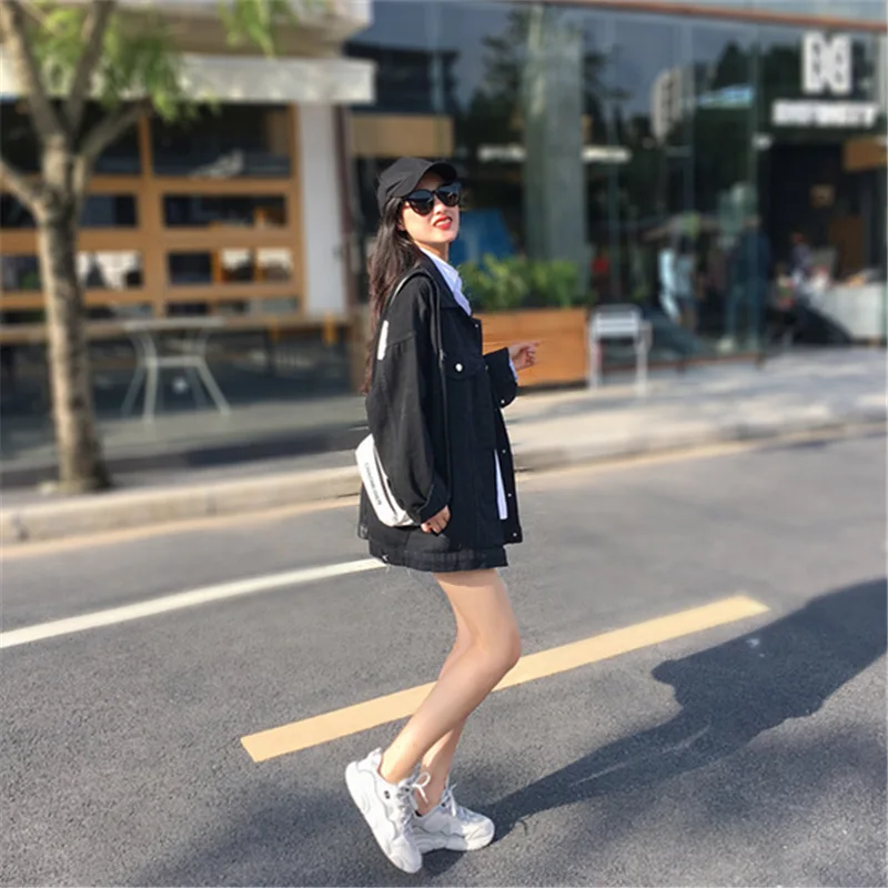 

New Denim Jacket Women's Medium And Long Black Spring And Autumn New Ins Ioose Big Size Net Red All Over The Atudents' Top Gift
