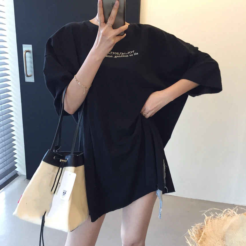 

Korejpaa Women T-Shirts 2021 Summer Korean Simple Niche Design Chic Letter Printed Patch Loose Casual Short-Sleeved Pullovers
