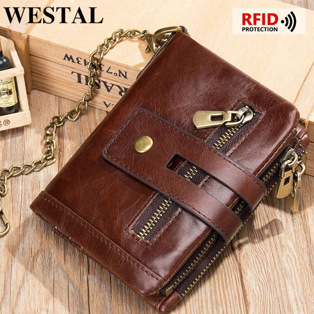 

WESTAL RFID Blocking Men's Wallets Clutch Hasp Bifold Wallet Cards and Cash Purse Male Coin Wallet Men with Chain Purses 7515