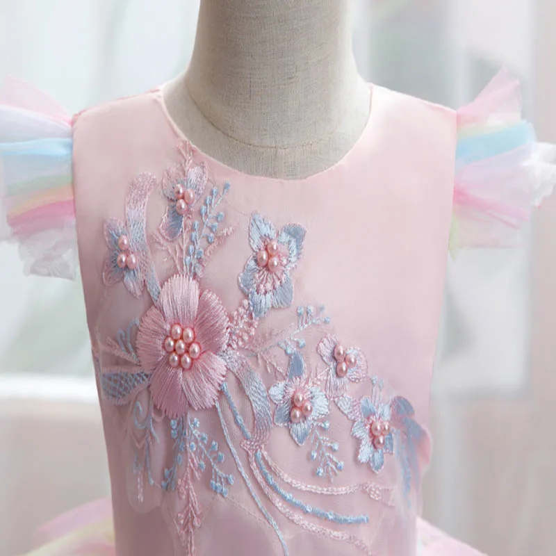

Flower Girls Dress Illusion Pearls Embroidey Lace Tulle O-Neck Knee-Length Luxury Pink Short Lovely Kid Party Princess Gown F132