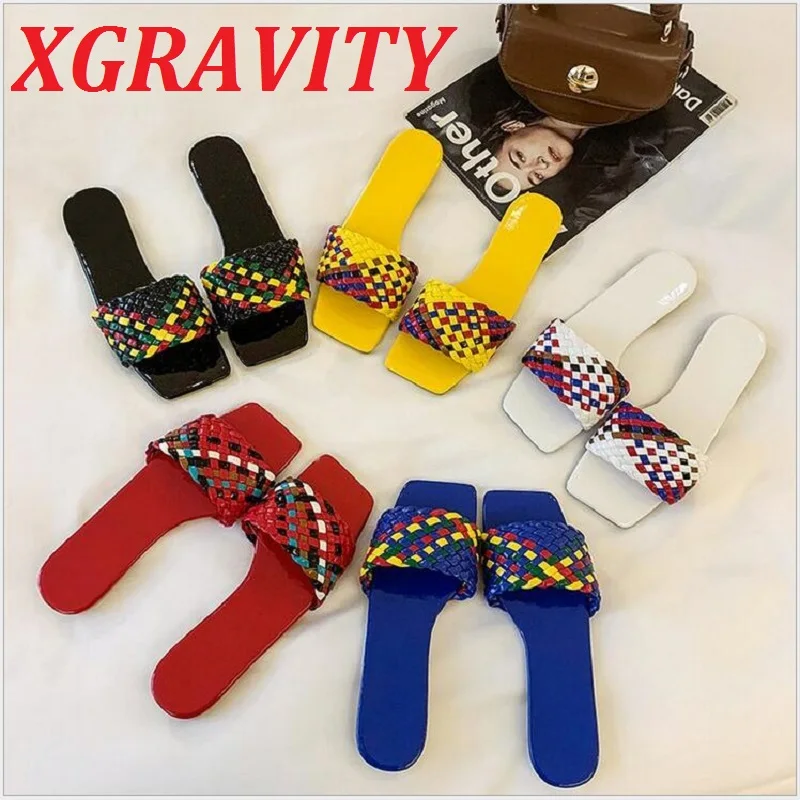 

XGRAVITY новые женские вязаный с открытыми пальцами; Женские мюли; Тапочки с квадратным носом на плоской подошве, женские босоножки высокого ка...