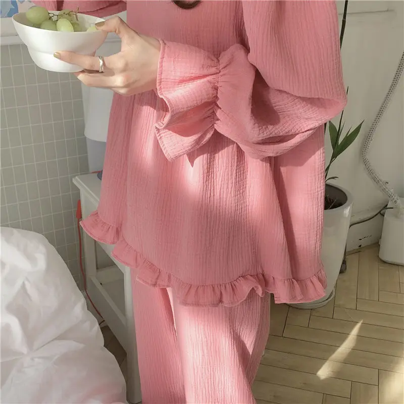 QWEEK Korean Sleepwear Women Lace Pijama Autumn Pajamas for Girls Female Set Woman 2 Pieces Pyjamas Long Sleeve Nightwear Suit