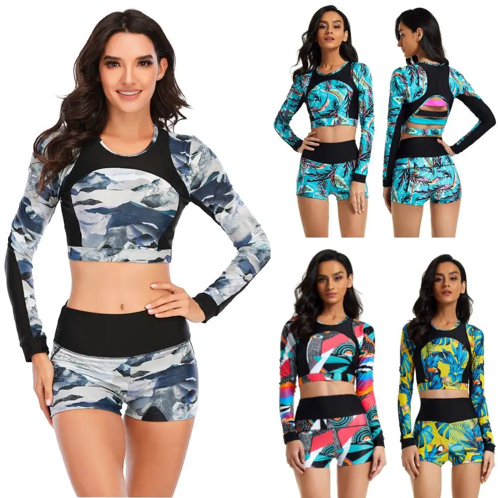 

Women's Rash Guard Swimwear Long Sleeve Rashguard Bikini Shirts Surf Top Retro Print Running Shirt Two Piece Swimsuit Swimming
