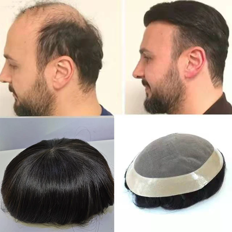 6Inch Fine Mono Toupee Human Hair Wig with Natural Hairline Toupee Human Remy Hair System Men Hairpiece Black Straight Hair