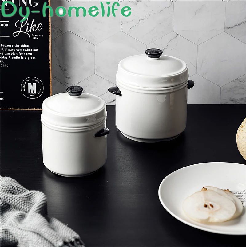 Керамическая тушеная кастрюля Корейская двойная крышка белая круглая миска для