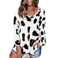 2022 spring autumn new women casual leopard printed loose t shirts ladies vintage v neck long sleeve color block tunics tops