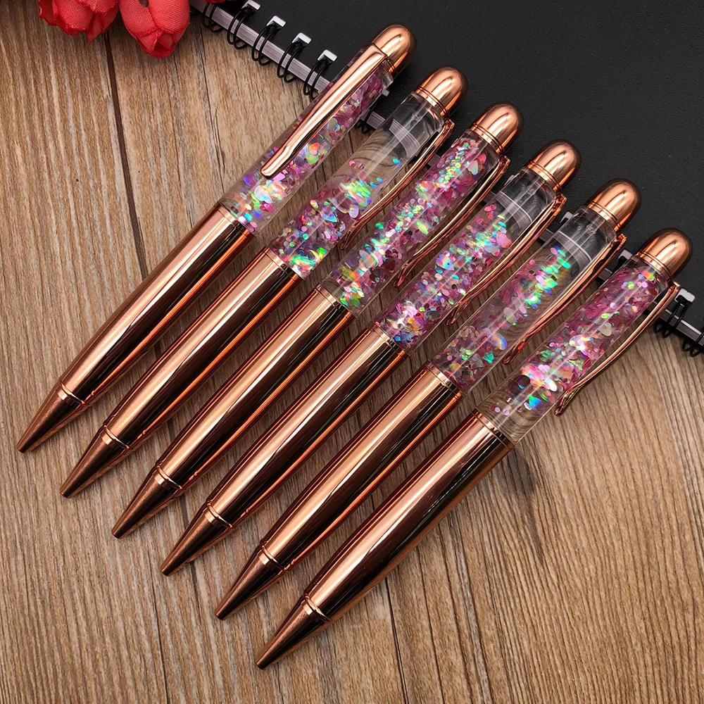 Rose Gold Retractable Ballpoint Pen Medium Point Black Ink Office Supplies Gift Set Dynamic Liquid Sequins Metal Ball Pens