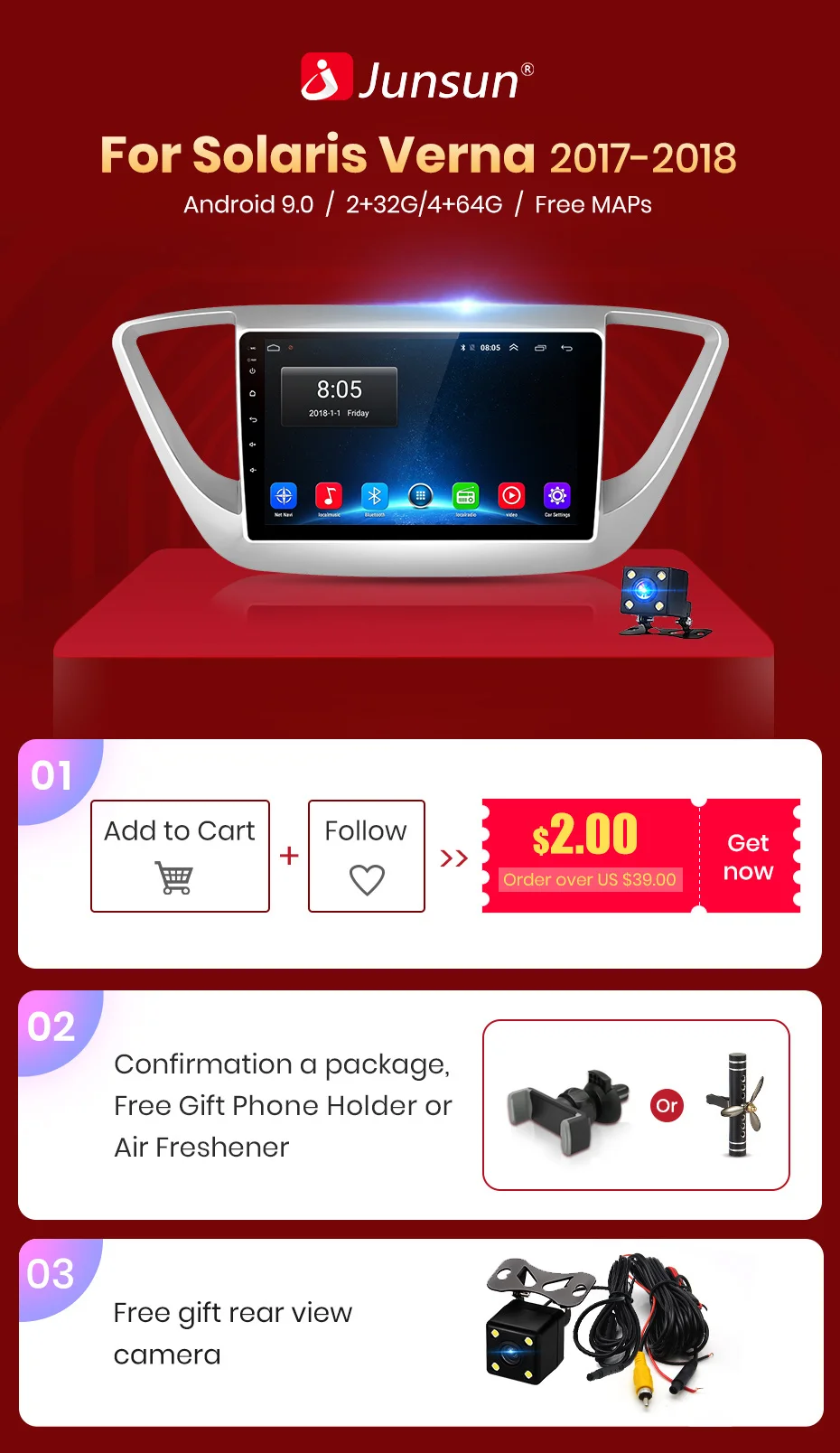 Junsun V1 2G+ 32G Android 9,0 для hyundai solaris Verna автомобильный Радио Мультимедийный видео плеер gps RDS 2 din dvd