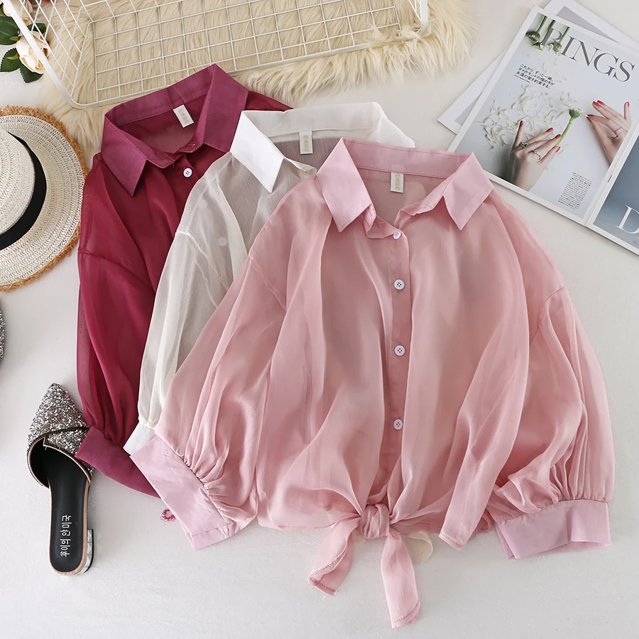 Women Summer Batwing Lantern Sleeve Bandage Strap Chiffon Basic Shirt Elegant Lady Sexy Short Slim Cardigan Button Blouse Tops | Женская