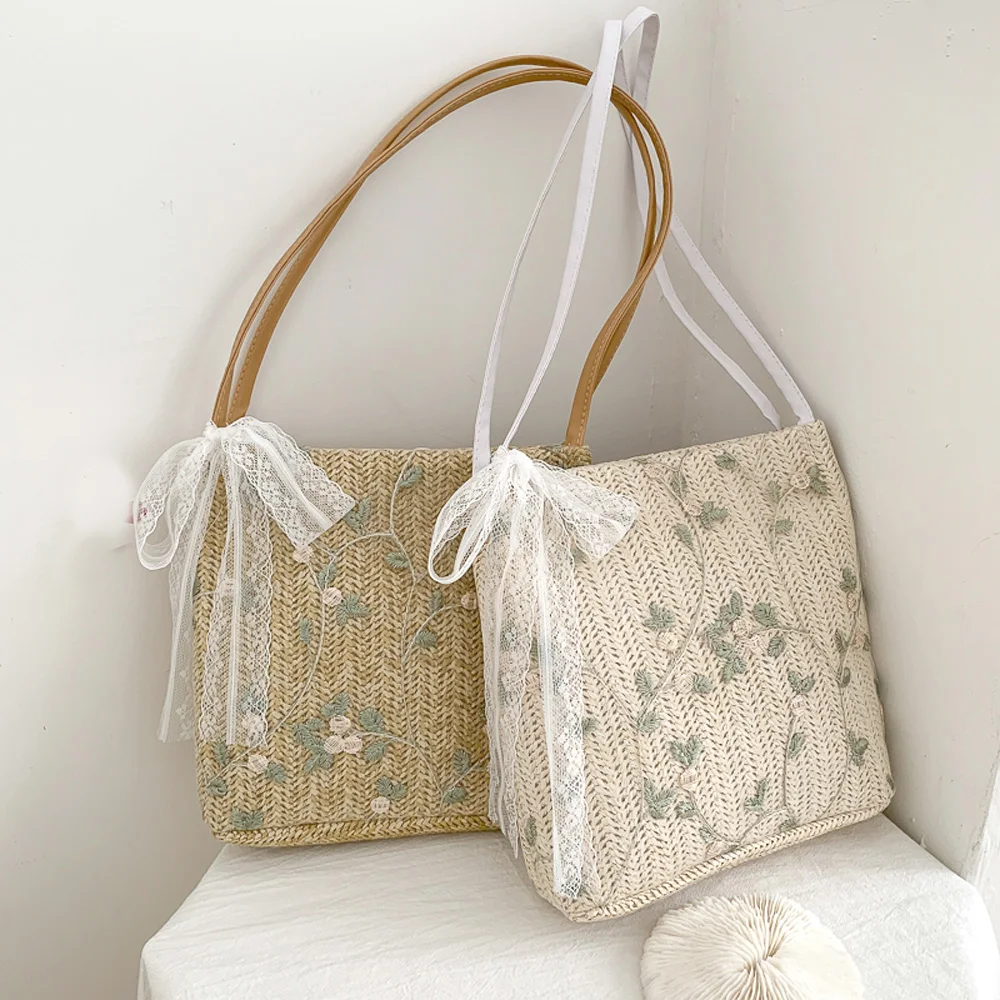 

No. HTB-18 single-shoulder Straw bag with Bud silk flowers for women shopping bag