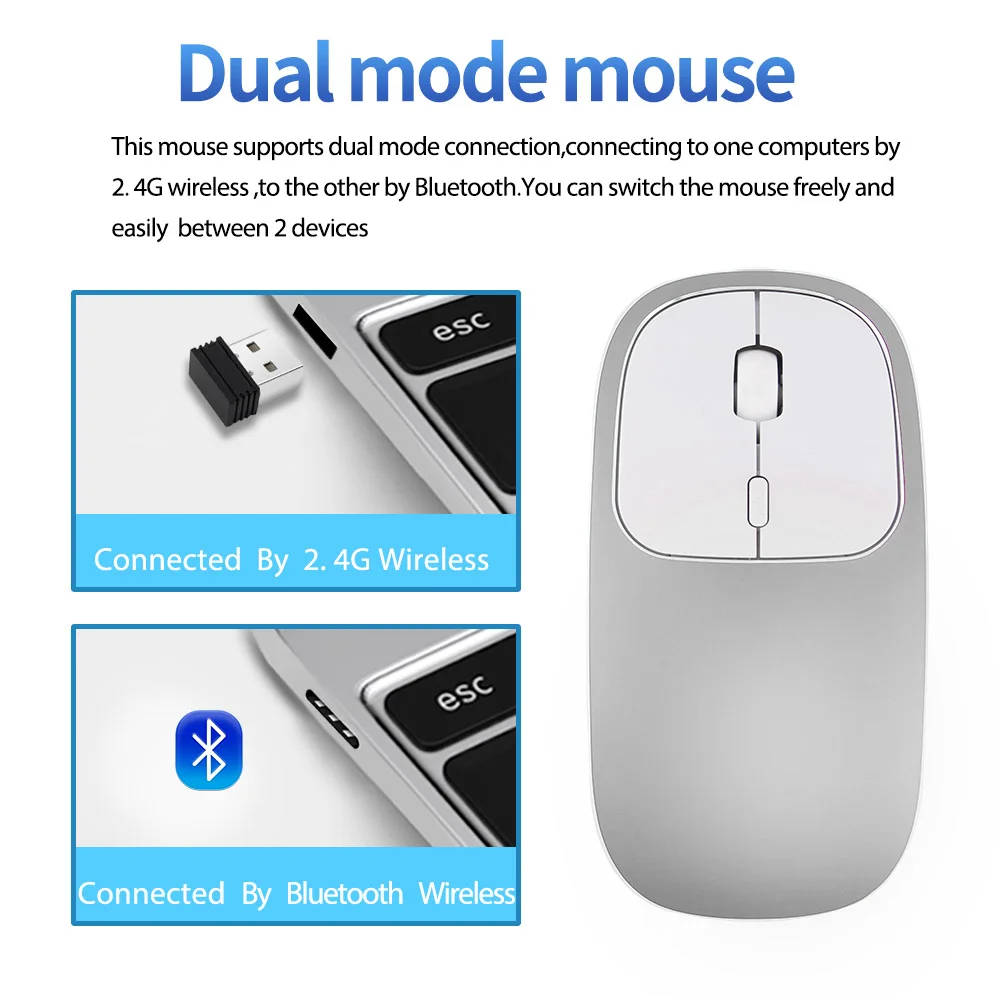 Zienstar алюминиевая перезаряжаемая 2,4 ГГц Беспроводная Bluetooth мышь, двойной режим ультра-тонкие бесшумные мыши, совместимые с Apple Mac, ноутбук