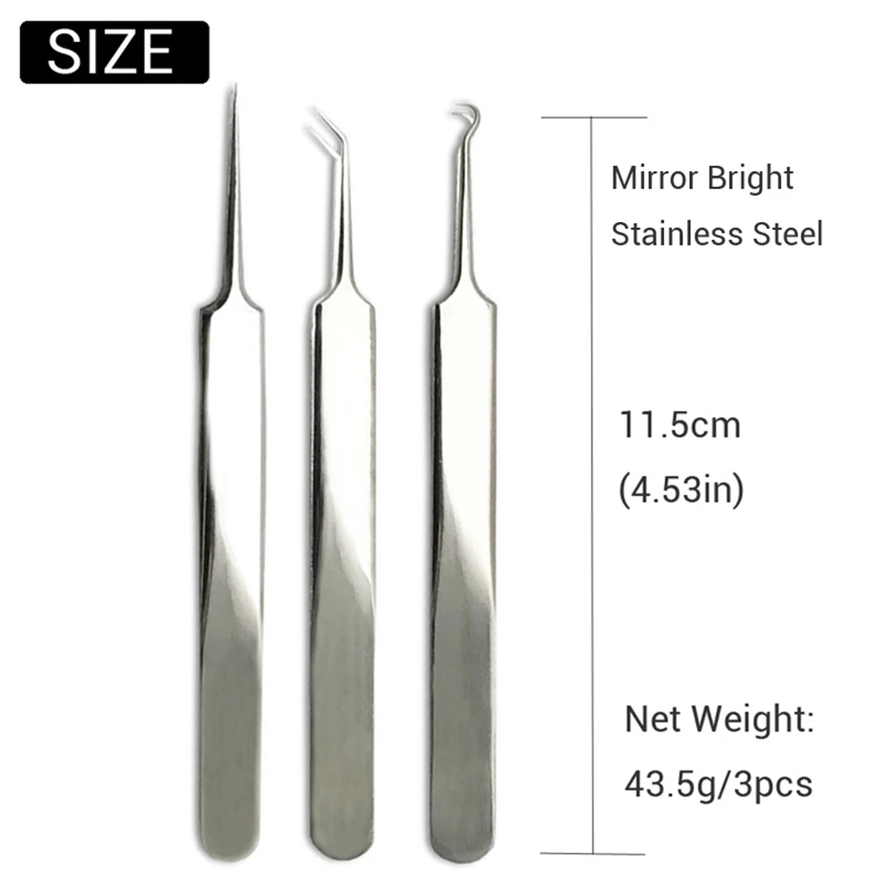 3pc Blackhead Tweezers Eyelash Extension Nipper Anti Acid Steel Needle Removal Acne Face Care Curved Straight Nail Tool | Красота и