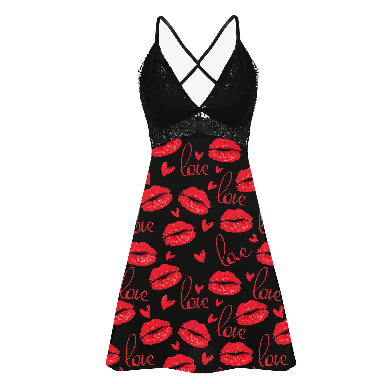 

Women Sexy Lipstic Printing Lace Backless Deep V-neck Valentine Nightdress Sleepwear Pajamas