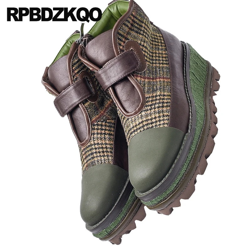 Женские дизайнерские ботинки на платформе клетчатые из натуральной кожи высоком