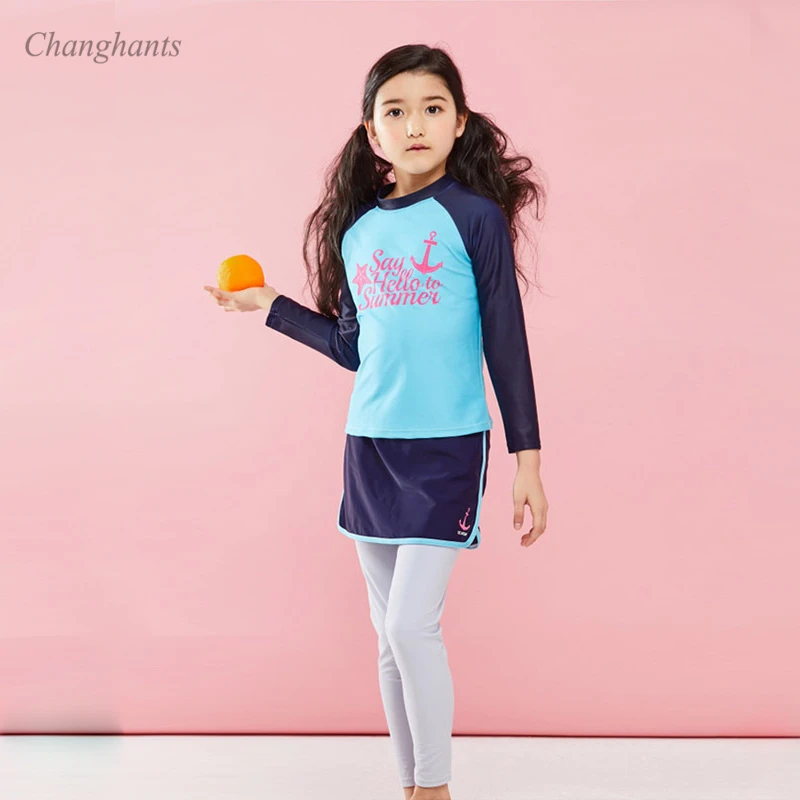 

New Model 1-10 Y Girls Rash Guard Schoolgirls Two Pieces Swimwear Blue Blach Patchwork Kids Water Sport Suit Child Swimpool