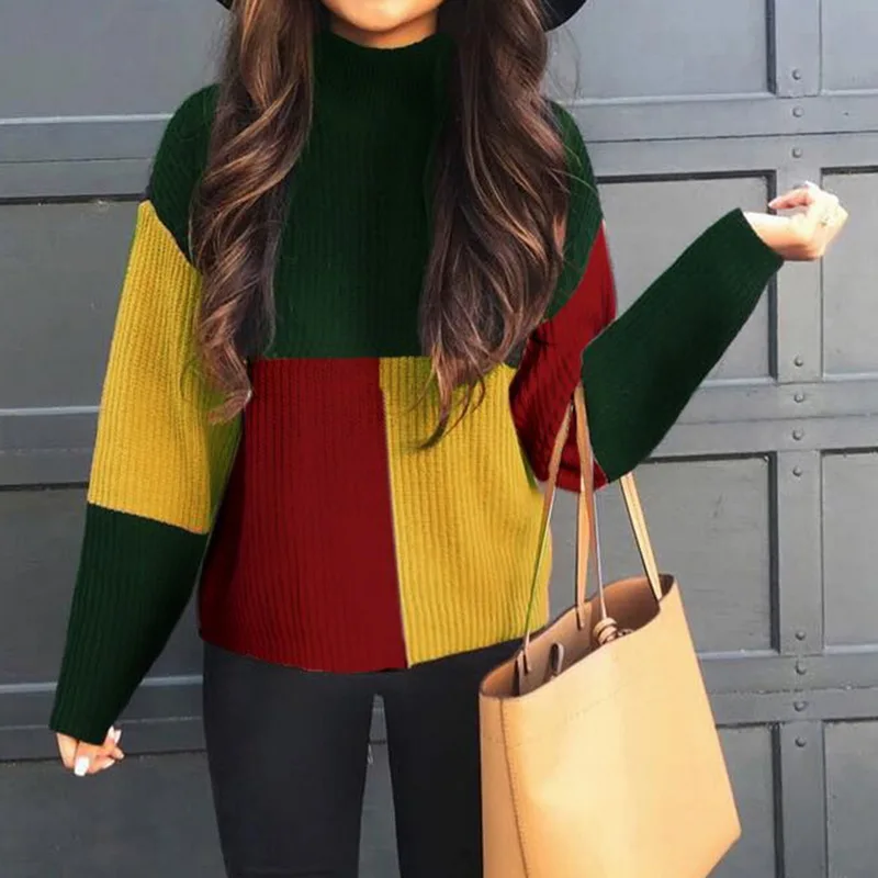 

New Autumn Winter Fashion Women Knitted Plaid Patchwork Sweater Turtleneck Long Sleeve Sweater Female Casual