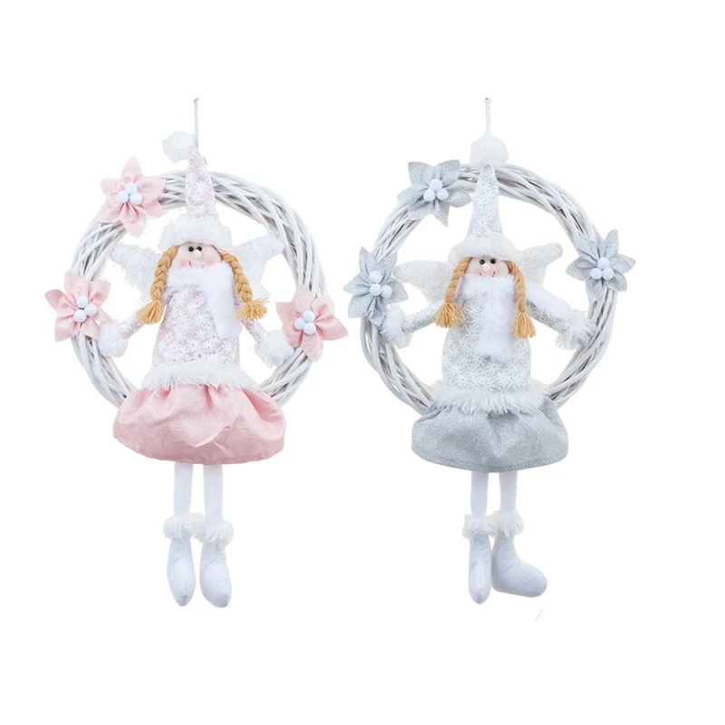 

New Christmas White Angel Wreath Vine Ring Pink Door Hanging Christmas Tree Pendant Christmas Ornaments