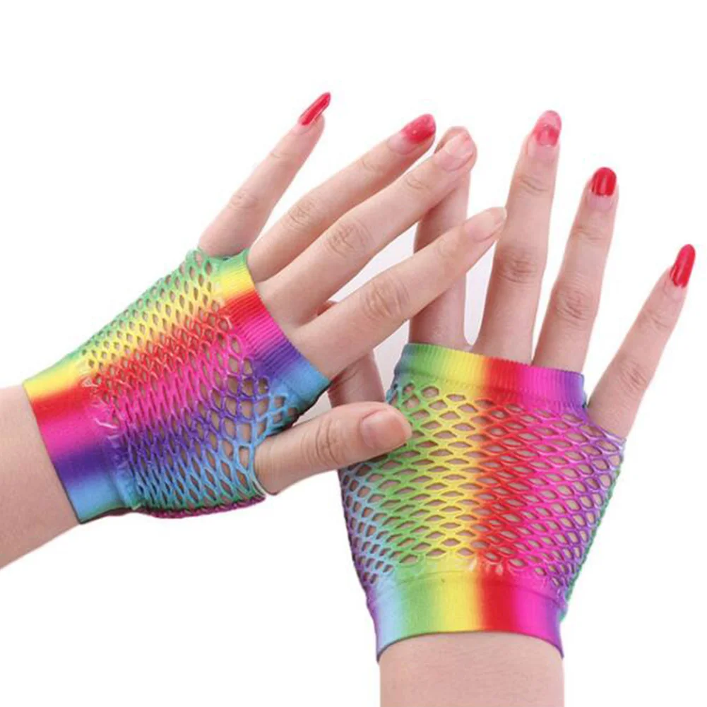 

Ladies Sexy Gloves Rainbow Mesh Net Fishnet Gloves Hollow Out Holes Fingerless Mittens Elbow Plaid Multicolor New Style Gloves
