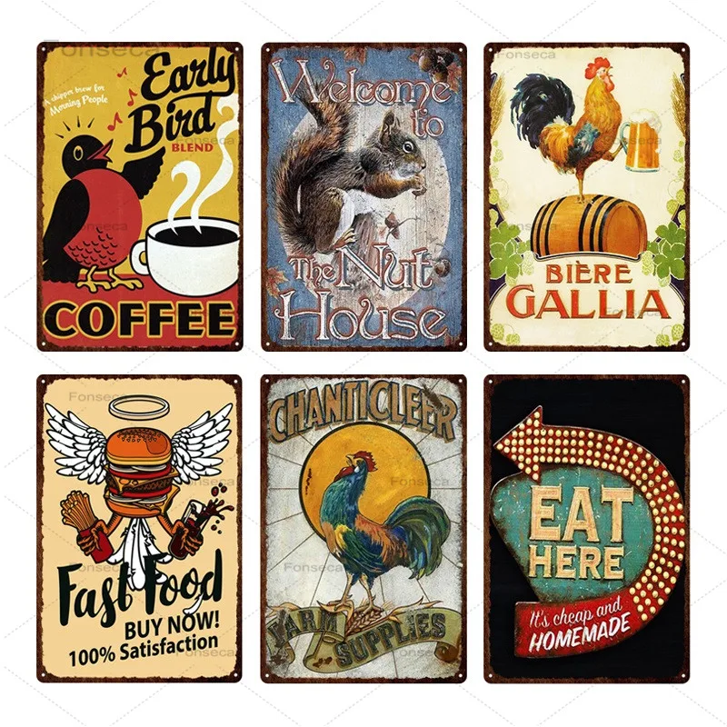 Винтажный кофейный знак фаст-фуд Оловянная живопись металлический фон для