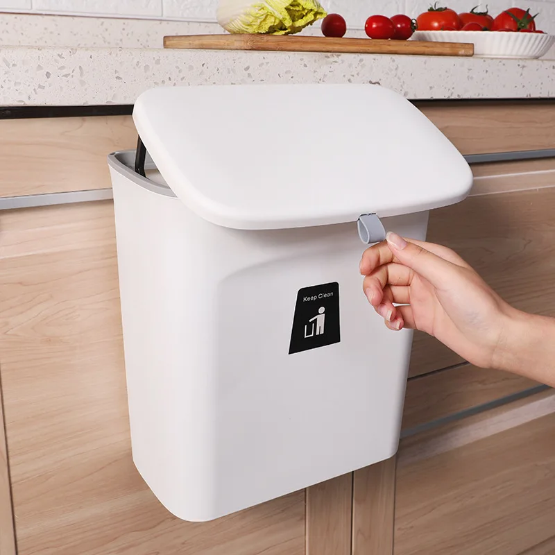 

Hanging Trash Can for Kitchen Cabinet Door with Lid Wall Mounted Counter Waste Bin Plastic Hogard