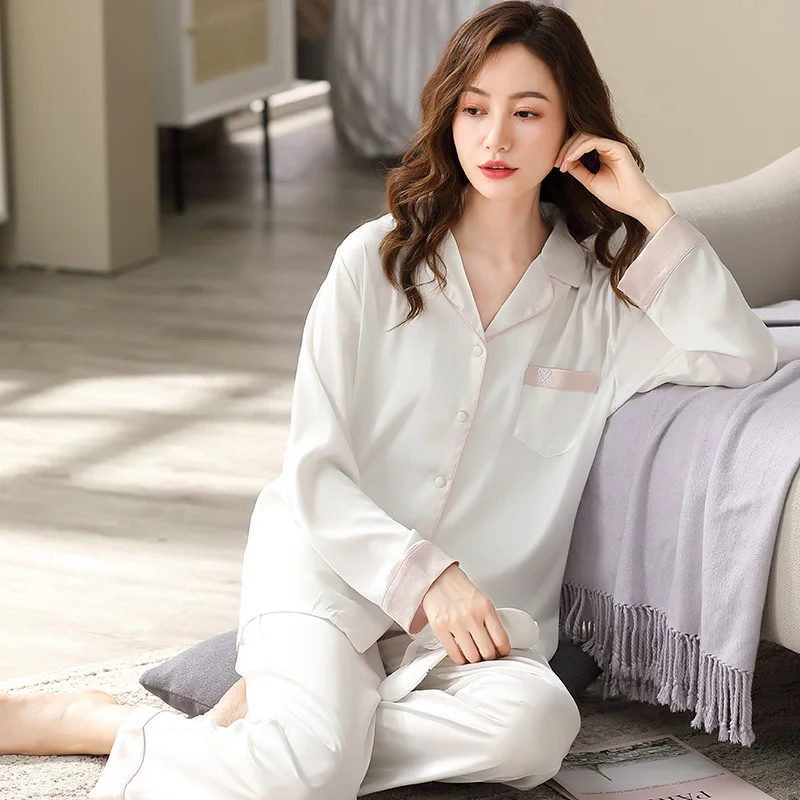 New 2021 Ice Silk Women Pajamas Sets 2 Pcs Pyjamas for Ladies High Quality Imitation Silk Sleepwear Home Clothes Pijama Mujer