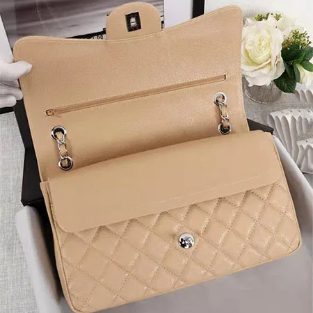 Luxury Handbag Bag For Women Genuine Leather Shoulder Bags Top Quality Fashion Design Lady's Crossbody Quilted Flap Bag Purse - Цвет: Apricot silver chain