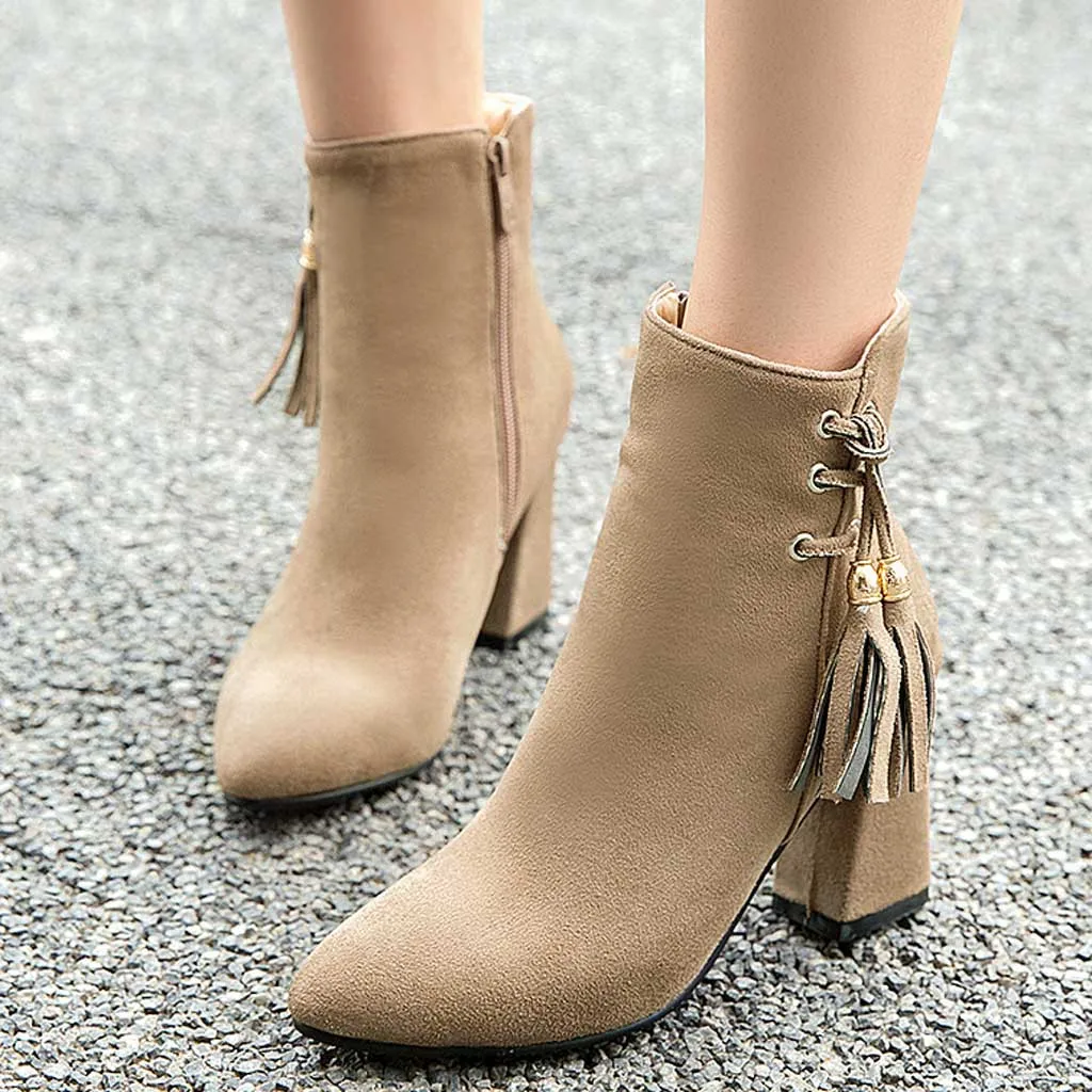 Женские ботинки модная обувь на толстом каблуке с острым носком