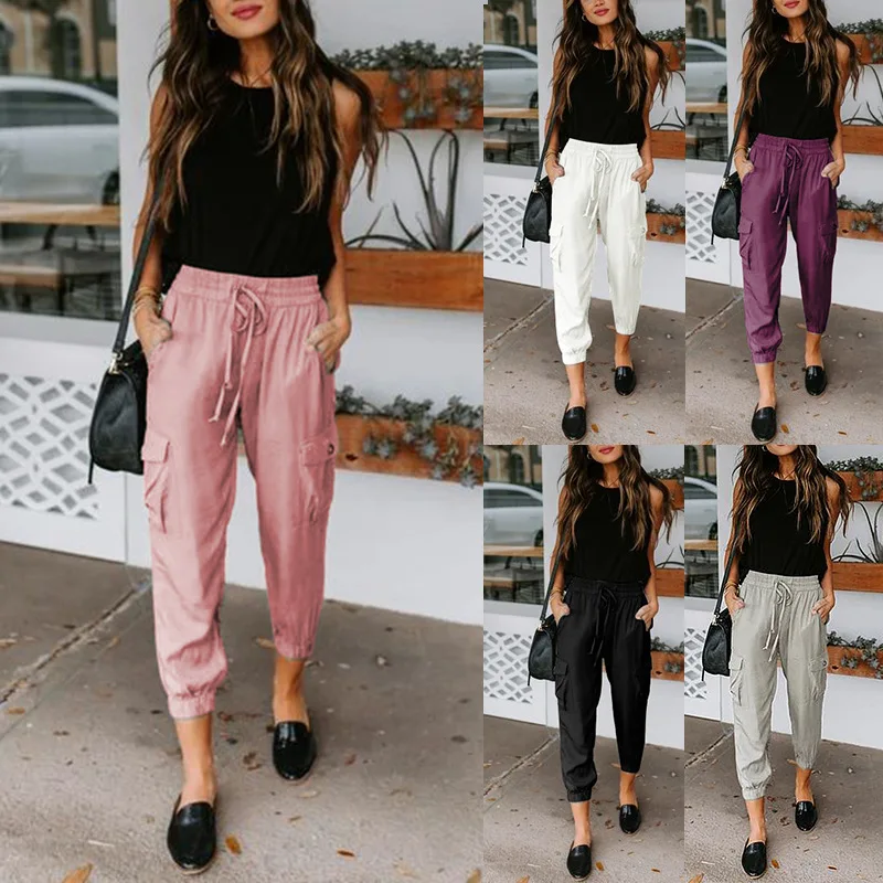 

Spring and Summer 2021 New Popular European and American Solid Color Casual Pants Pocket Drawstring Leggings Women's Pants