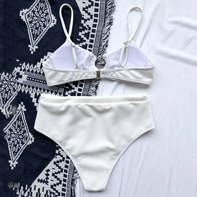 

Mossha High waist sexy bikini set Push up swimwear Ribbed women's swimsuit solid Ring bikinis 2020 mujer Drawstring bathing suit