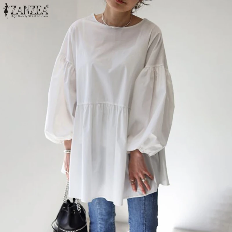 

Модная женская блузка Повседневная Туника оверсайз Осенняя однотонная блузка с оборками Женские рубашки с длинным рукавом-фонариком элега...